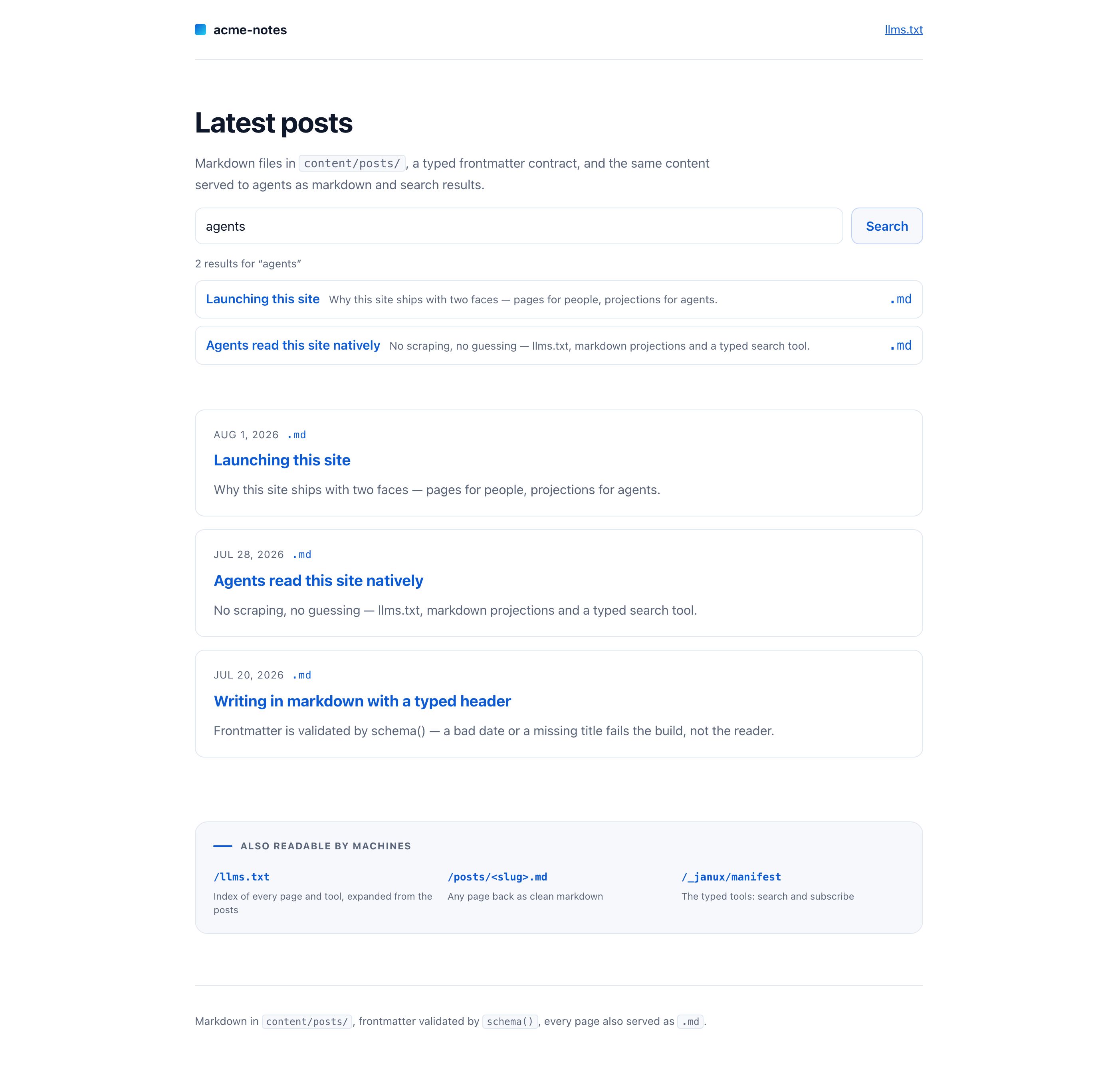 A markdown content site: search results for a query above the post list, and a footer listing llms.txt, the .md projections and the manifest