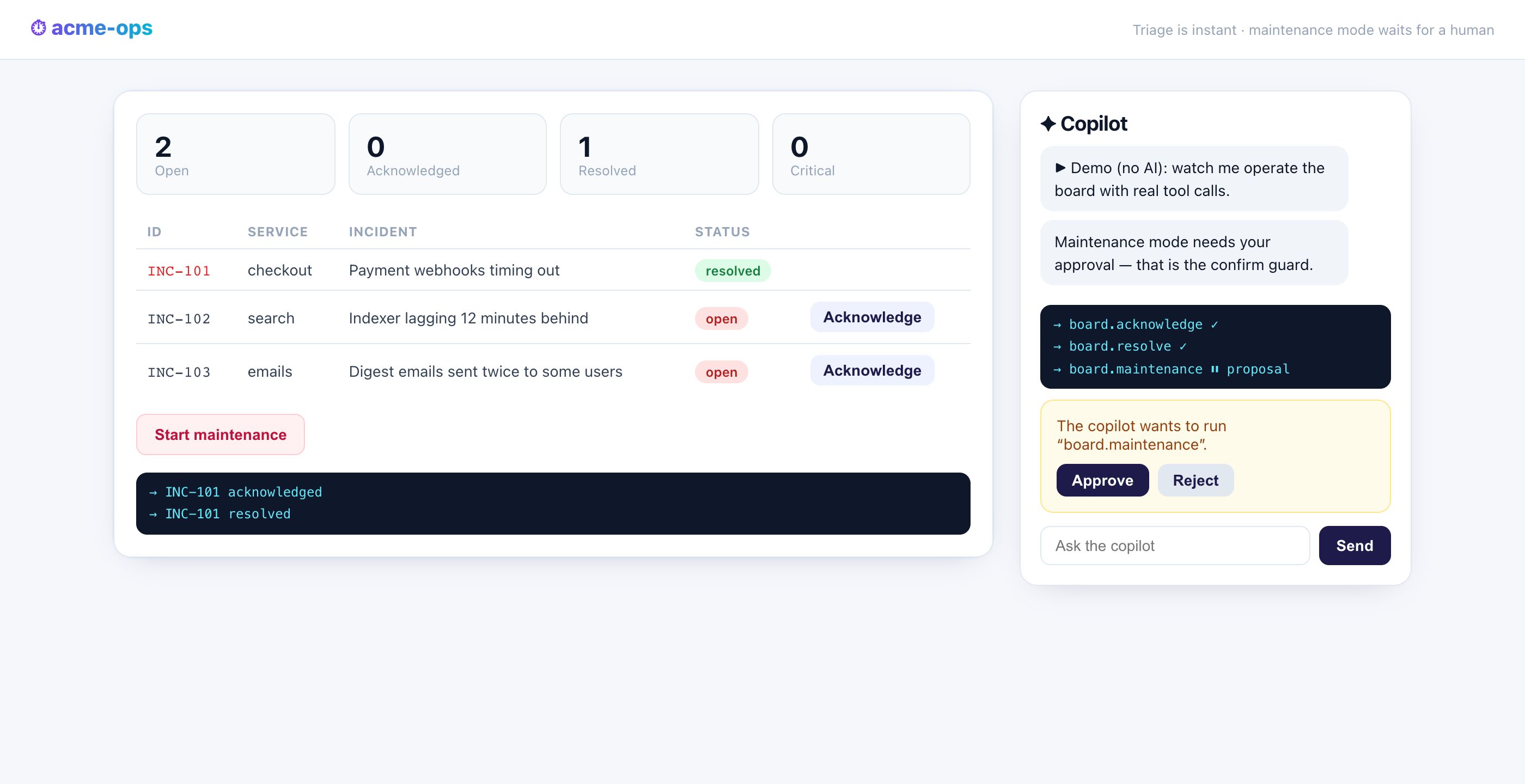 An ops dashboard: incident table with KPIs on the left, copilot on the right having acknowledged and resolved an incident, with maintenance mode waiting for approval